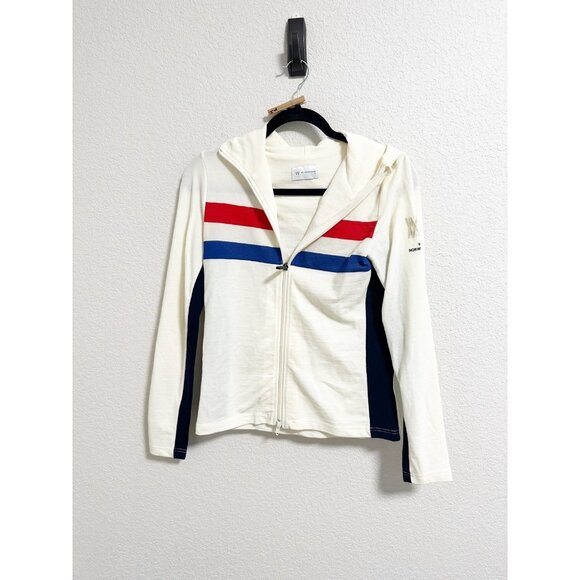 We Norwegians Womens Ski Full Zip Hoodie Wool Blend Cream Red Blue Stripes Small - Picture 2 of 9
